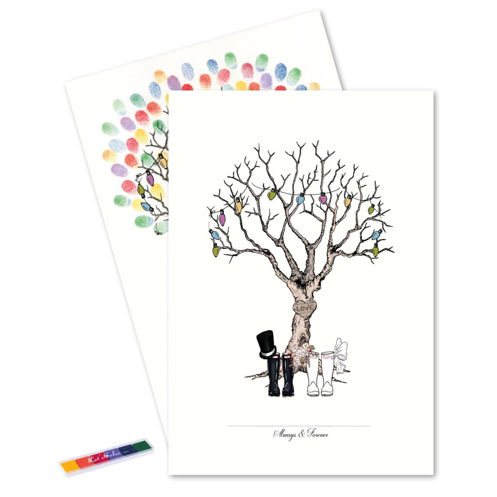Billede af Fingeraftryks Plakat - Bryllupstræ med Gummistøvler, Regnbuefarver