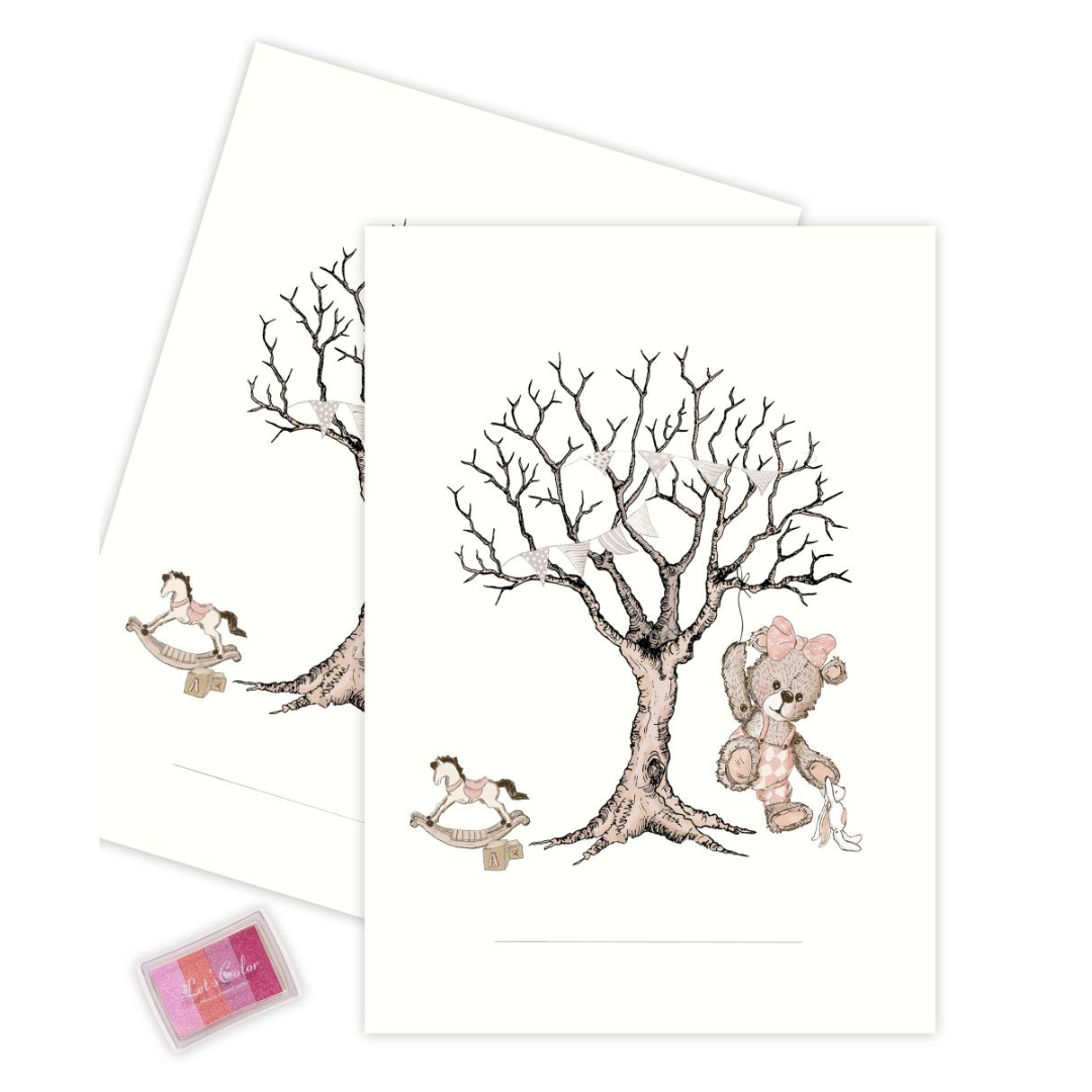 Fingeraftryk Plakat - Livets Træ med Teddybear - Lyserød