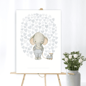 Gaesteplakat med blaa hjerter og elefant dreng - mouse and pen (1)